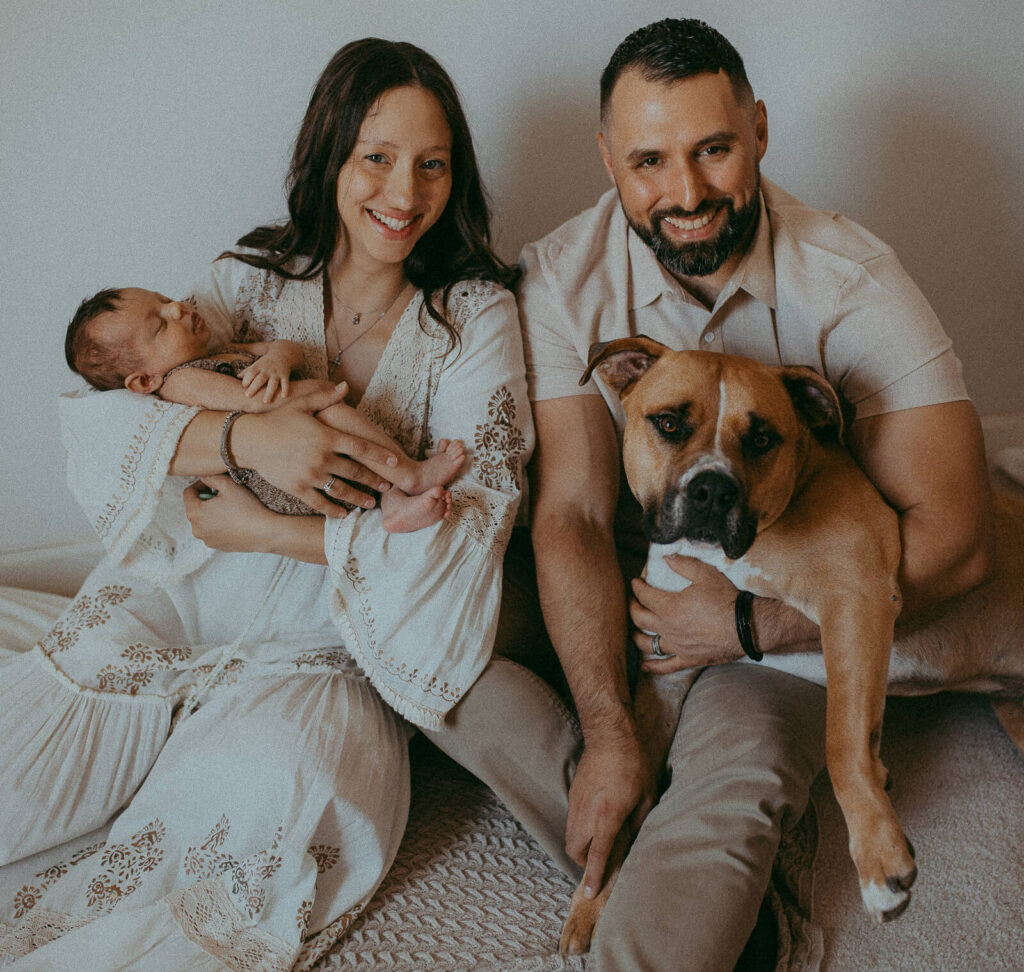 The beauty of new beginnings: Raleigh newborn photography session with baby Matthew, his loving parents and furry big brother.