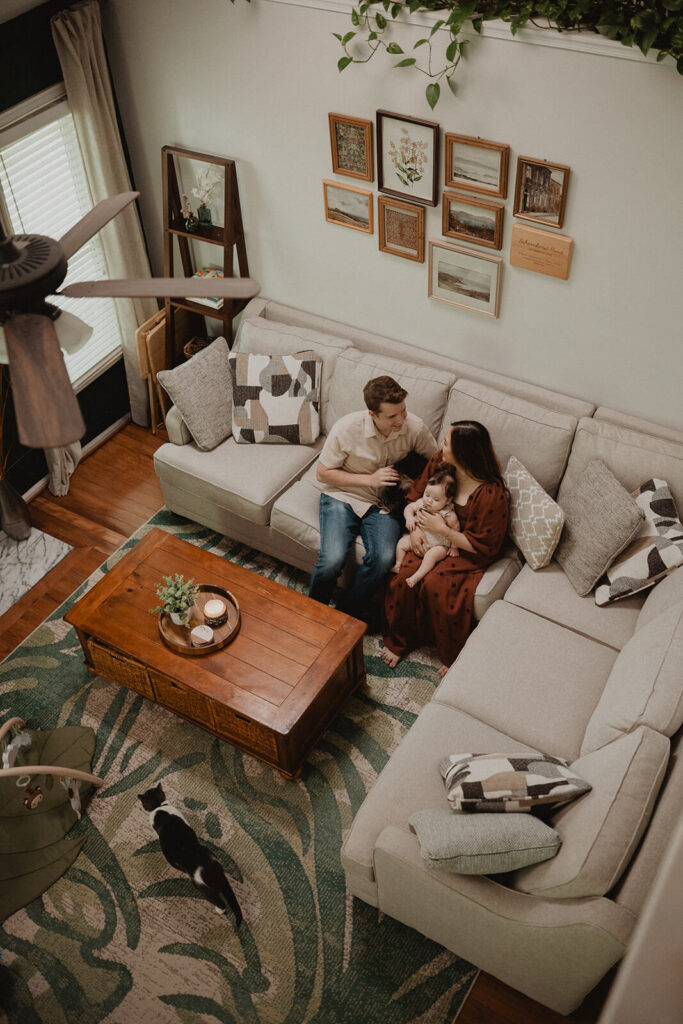 Aerial view of a family relaxing together in their bright living room with baby and family cats.
